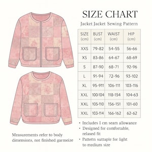Pu&ograve; includere: Tabella delle taglie per un modello di cucito di giacca. La tabella include le misure di busto, vita e fianchi in centimetri, che vanno dalla XXS alla XXL. Le giacche sono rosa con un design patchwork.