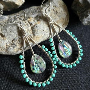 Abalone Shell Teardrop Earrings, Turquoise Beaded Dangle, Coastal Boho Jewelry