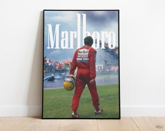 May include: A vintage poster featuring a race car driver wearing a red racing suit and a yellow helmet. The driver is walking away from the camera with the word "Marlboro" in large white letters across the top of the poster.