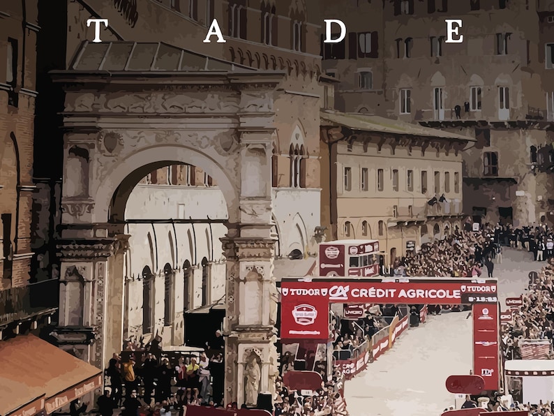 May include: A crowd of people gathered in a city square, with a large archway in the background. The archway is decorated with intricate carvings and has a sign that reads "Cr&eacute;dit Agricole".