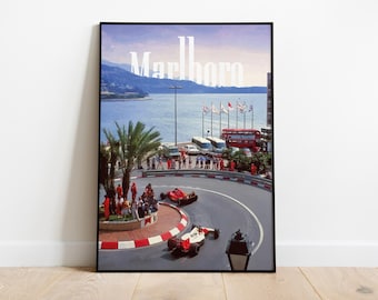 Vintage Monaco Grand Prix F1 Poster | Marlboro McLaren vs Ferrari Racing Print | Iconic Motorsport Wall Art
