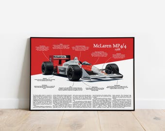 McLaren MP4/4 1988 Technical Print | Ayrton Senna Honda F1 Racing Poster | Classic Formula 1 Engineering Wall Art