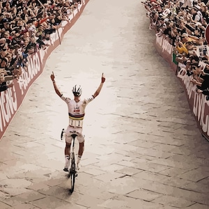 May include: A cyclist raises their arms in victory as they cross the finish line of a race. The cyclist is wearing a white and yellow jersey with the number 111 on the back. The cyclist is riding a black bicycle with white tires. The cyclist is surrounded by cheering spectators.