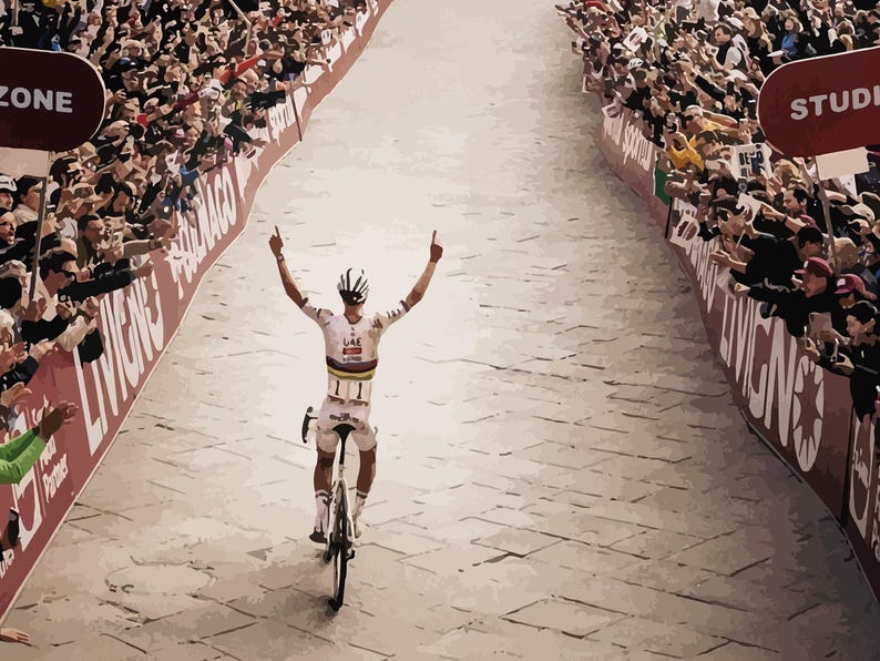 May include: A cyclist raises their arms in victory as they cross the finish line of a race. The cyclist is wearing a white and yellow jersey with the number 111 on the back. The cyclist is riding a black bicycle with white tires. The cyclist is surrounded by cheering spectators.