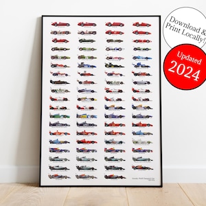 DIGITAL DOWNLOAD | UPDATED 2024 Formula 1 World Champions Cars | History of F1 1950-2024 | Poster Print