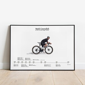 Op de afbeelding: Zwart-witte poster met een wielrenner op een fiets. De poster heeft de titel "Mark Cavendish 30 Tour de France Etappeoverwinningen".