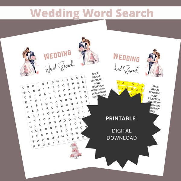 Wedding Word Search Puzzle Game Bridal Shower Printable Game Wedding Table Game For Reception Wedding Reception Activity Wedding Party Game