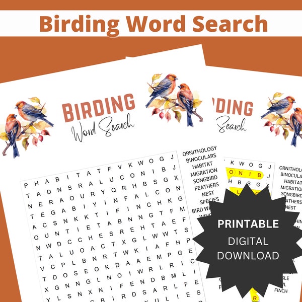 Bird Lover Gift Word Search Bird Printable Puzzle Birding Gift for Birders Bird Watcher Gift for Bird Lover Bird Nerds Nature Game