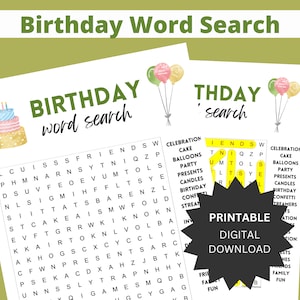 Geburtstag Wortsuch Puzzle Druckbares Wort Suchspiel für Geburtstagsparty Aktivität Blatt Party druckbare Geburtstagsparty Spiele für Kinder