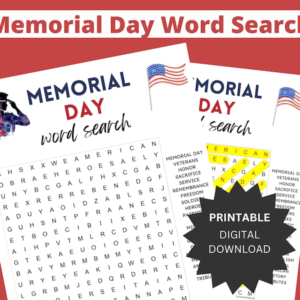 Memorial Day Word Search Puzzle - Engaging Patriotic Activity - Honor Veterans and Heroes - Printable Instant Download for All Ages
