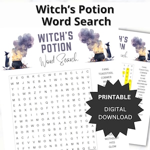 Può includere: Un download digitale stampabile di un puzzle di ricerca di parole Witch's Potion. Il design presenta un calderone con fumo, una strega e le parole "Witch's Potion Word Search". Il puzzle include un elenco di parole.