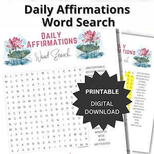 Daily Affirmations Word Search Puzzle, Mental Health Printable, Self-Care Word Search, Confidence Building Activity Anxiety Relief