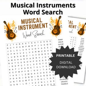 May include: A printable word search puzzle titled "Musical Instruments Word Search." The design features a guitar graphic and the words "Printable Digital Download." The puzzle includes a list of musical instruments to find.