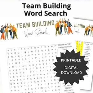 Pode incluir: Um download digital imprimível com um jogo de palavras de formação de equipas. O design inclui as palavras "Team Building Word Search" e ilustrações de pessoas com os braços levantados. O quebra-cabeças inclui palavras relacionadas com o trabalho em equipa.