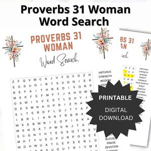 Può includere: Un download digitale stampabile con un puzzle di ricerca di parole. Il design include il testo "Proverbi 31 Donna Ricerca di parole" con accenti di croce floreale. Il puzzle include parole come "virtuosa" e "saggezza".