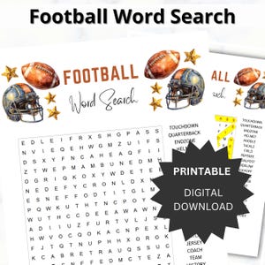 May include: A printable football word search puzzle with illustrations of footballs, helmets, and stars. The design includes a word grid and the words to find. Available as a digital download.