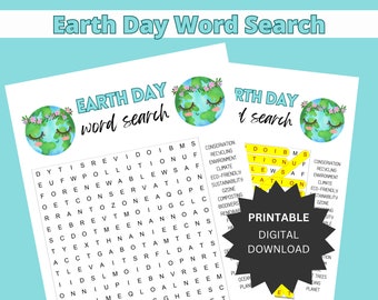 May include: A printable Earth Day word search puzzle with a green and blue Earth illustration. The puzzle features words related to environmentalism, such as recycling, conservation, and sustainability.