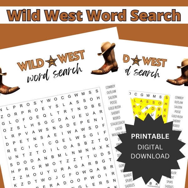 Wild West Word Search Puzzle - Challenging Cowboy Old West Themed Activity - Printable PDF for Western Party Fun, Rodeo and Frontier Lovers