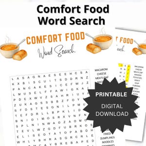May include: A digital download of a "Comfort Food Word Search" puzzle. The image shows a word search grid, a list of comfort food terms, and illustrations of soup and bread. The text "Printable Digital Download" is also visible on the image.