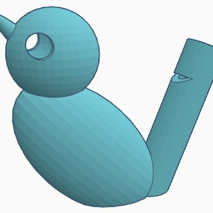 May include: A teal blue bird-shaped whistle with a hole in the head and a cylindrical body.