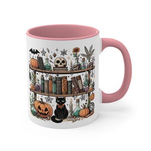 Spooky Bookshelf Halloween Colourful Accent Mug, 11oz / 330ml | Book Lover Gift | Witch | Bookish Merch | Cat | Bookcase image 5