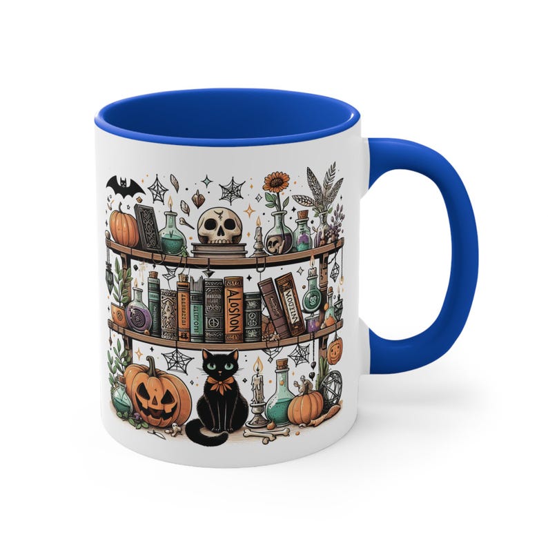 Spooky Bookshelf Halloween Colourful Accent Mug, 11oz / 330ml | Book Lover Gift | Witch | Bookish Merch | Cat | Bookcase image 4
