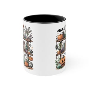 Spooky Bookshelf Halloween Colourful Accent Mug, 11oz / 330ml | Book Lover Gift | Witch | Bookish Merch | Cat | Bookcase image 3