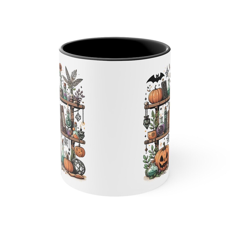 Spooky Bookshelf Halloween Colourful Accent Mug, 11oz / 330ml | Book Lover Gift | Witch | Bookish Merch | Cat | Bookcase image 3