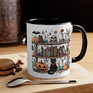 Spooky Bookshelf Halloween Colourful Accent Mug, 11oz / 330ml | Book Lover Gift | Witch | Bookish Merch | Cat | Bookcase image 1