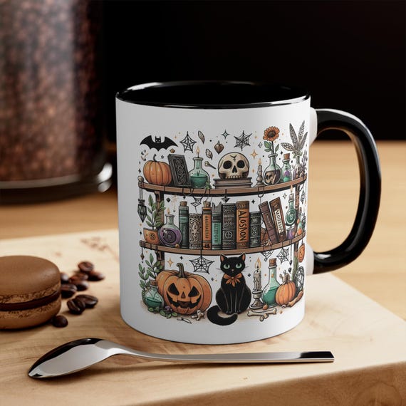 Spooky Bookshelf Halloween Colourful Accent Mug, 11oz / 330ml | Book Lover Gift | Witch | Bookish Merch | Cat | Bookcase