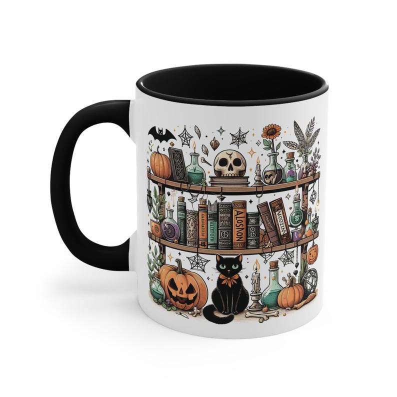 Spooky Bookshelf Halloween Colourful Accent Mug, 11oz / 330ml | Book Lover Gift | Witch | Bookish Merch | Cat | Bookcase image 2