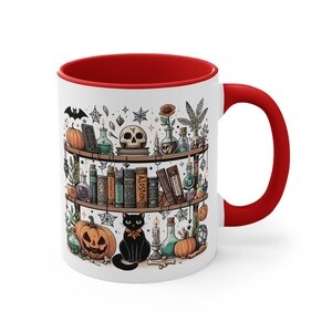 Spooky Bookshelf Halloween Colourful Accent Mug, 11oz / 330ml | Book Lover Gift | Witch | Bookish Merch | Cat | Bookcase image 6