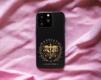 May include: Black iPhone case with a gold design featuring a dragon and the text "Basgiath War College Dragon Rider".