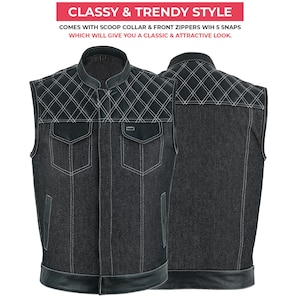 Men&#39;s Denim Leather Motorbike Black Vest with Band Collar - Hidden Pockets & Quilted White Detailing