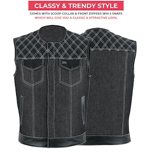 Men&#39;s Denim Leather Motorbike Black Vest No Collar - Hidden Pockets & Quilted White Detailing