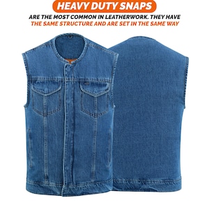 Men&#39;s Denim Motorbike Vest No Collar Water Dust Repellent Hidden Pockets Biker Blue Vest
