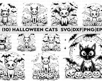 Pode incluir: Dez ilustrações em preto e branco de gatos de Halloween com asas de morcego e abóboras de jack-o'-lantern. (10) HALLOWEEN CATS SVG|DXF|PNG|EPS