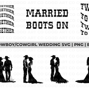 カントリー ウェディング SVG | 花嫁と花婿、ウエスタン、結婚したカップル、ウェディング クリップアート、ウェディング シルエット、花嫁 dxf、AI、カウボーイ、カウガール、サドル