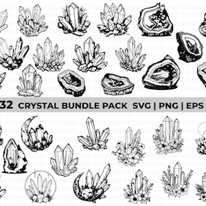 May include: A set of 32 black and white illustrations of crystals and geodes. The illustrations are in a variety of styles, including simple line drawings and more detailed illustrations. The set includes crystals in various shapes and sizes, as well as geodes with different patterns.