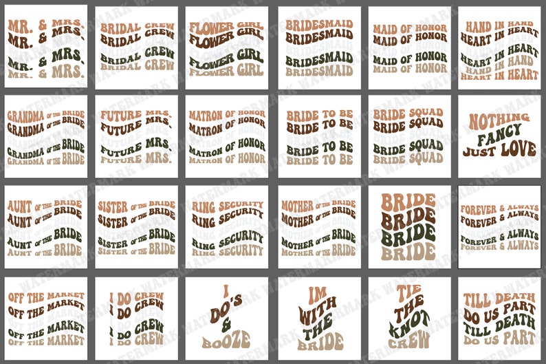 May include: A set of 18 printable wedding party signs with text in a retro font style. The signs feature various roles in a wedding party, such as "Bride to Be", "Maid of Honor", and "Flower Girl". The text is in brown and green on a white background.