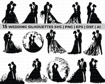 May include: Fifteen black and white silhouette images of wedding couples. The silhouettes are in various poses, including holding hands, kissing, and dancing. Some of the silhouettes are surrounded by floral designs.