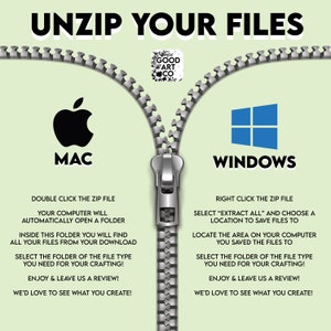 May include: A graphic showing how to unzip files on a Mac or Windows computer. The graphic shows a zipper with a Mac logo on one side and a Windows logo on the other. The steps for unzipping files are listed below each logo.