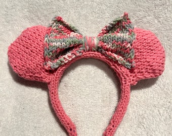 Minnie Mouse Ears - Pink Knitted Headband with Pink Multicolor Bow