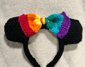 Rainbow Minnie Mouse Ears - Knitted Headband with Rainbow Pride Bow