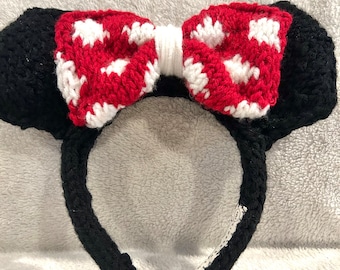 Minnie Mouse Ears - Classic with Red and White Polka Dot Bow. Hand knit headband.