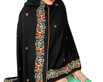 Embroidered Black Rayon Cotton Hijab, EBADAT Elegant Scarf