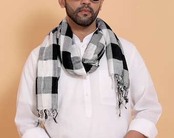 Men's Black and White Plaid Viscose Scarf - Soft Winter Muffler