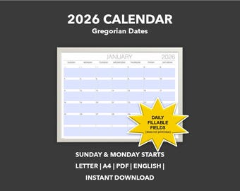 2026 dagelijks invulbare velden-Gregoriaanse kalender (afdrukbare pdf)
