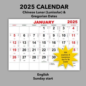 Calendario mensile 2025, cinese lunare/gregoriano, date propizie e infauste, lunisolare, festival, stampabile, PDF, download