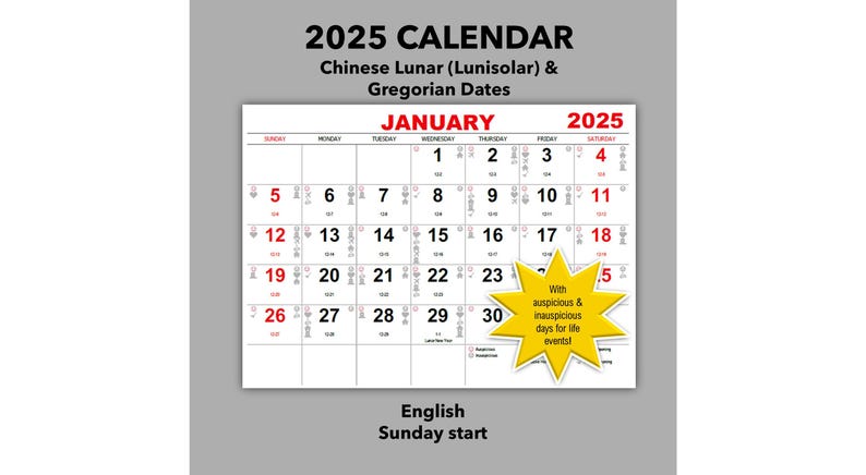 2025 Monthly Calendar Chinese Lunar/gregorian Auspicious